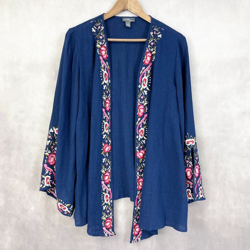 Market & Spruce Kimono Top 1X Linen Blend Embroidered Boho Festival Flare Sleeve